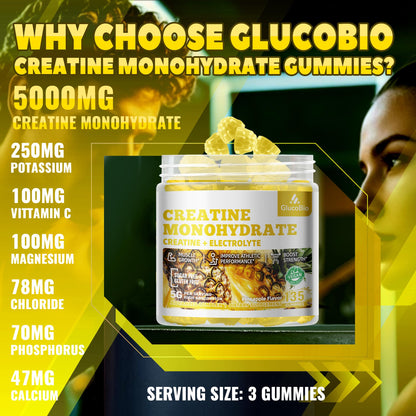 GlucoBio Creatine Monohydrate Gummies (5g) – Pre-Workout Energy & Muscle Growth Support for Men & Women | Pineapple Electrolyte Gummies (135 Count) - PrimeBioHealth - canada supplements