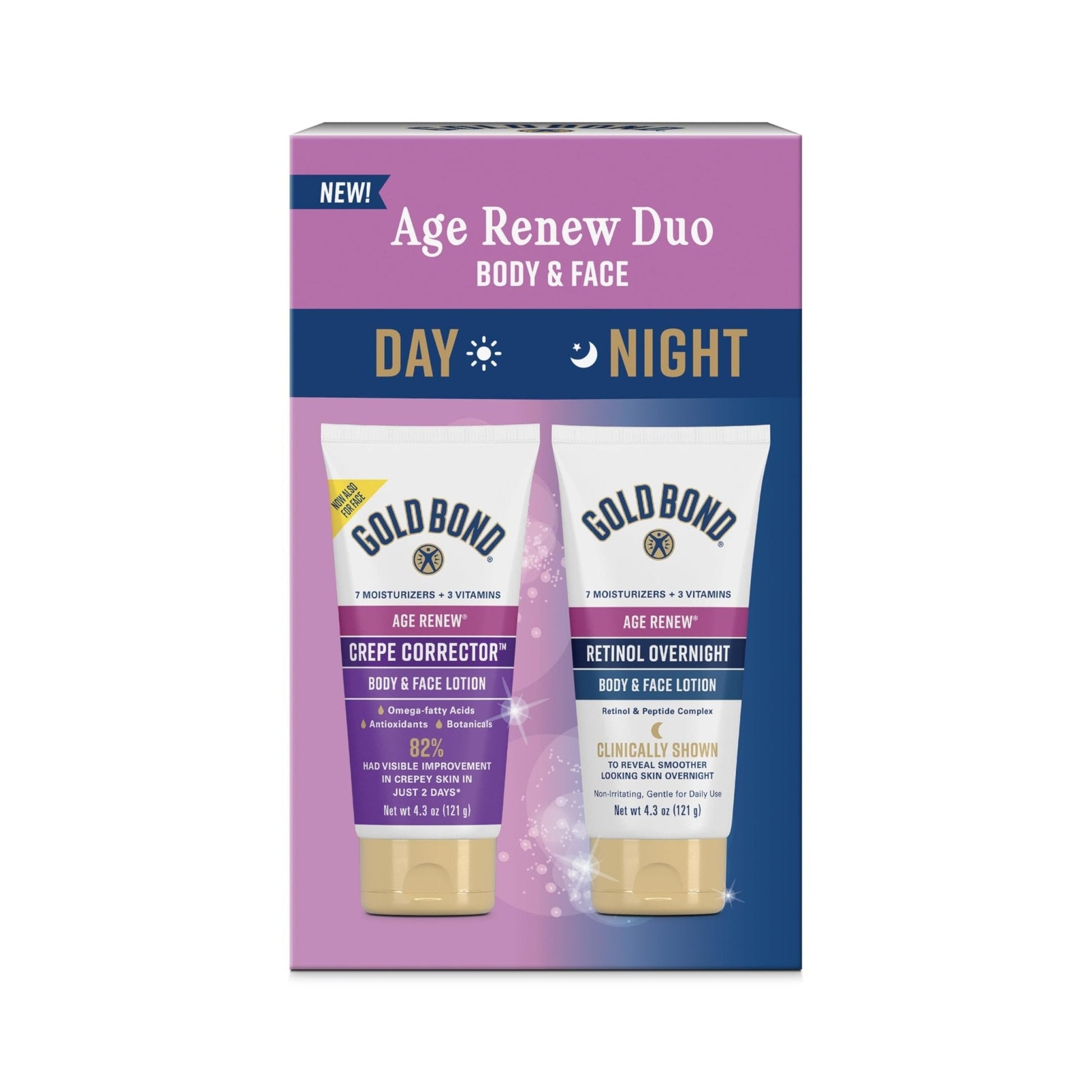 Gold Bond Age Renew Day & Night Duo Lotion Set for Body & Face, Crepe Corrector & Retinol Overnight Lotion - PrimeBioHealth - canada supplements