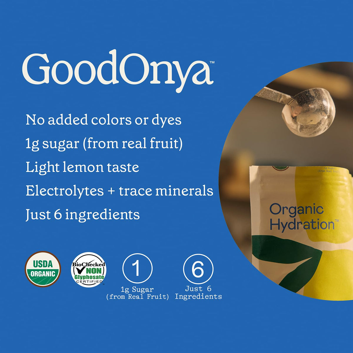 GOODONYA Organic Hydration Electrolyte Drink Mix, Certified Organic Hydration Powder, Non-GMO, Biochecked Glyphosate Free, Low Sugar, Lemonade Flavor, - PrimeBioHealth - canada supplements