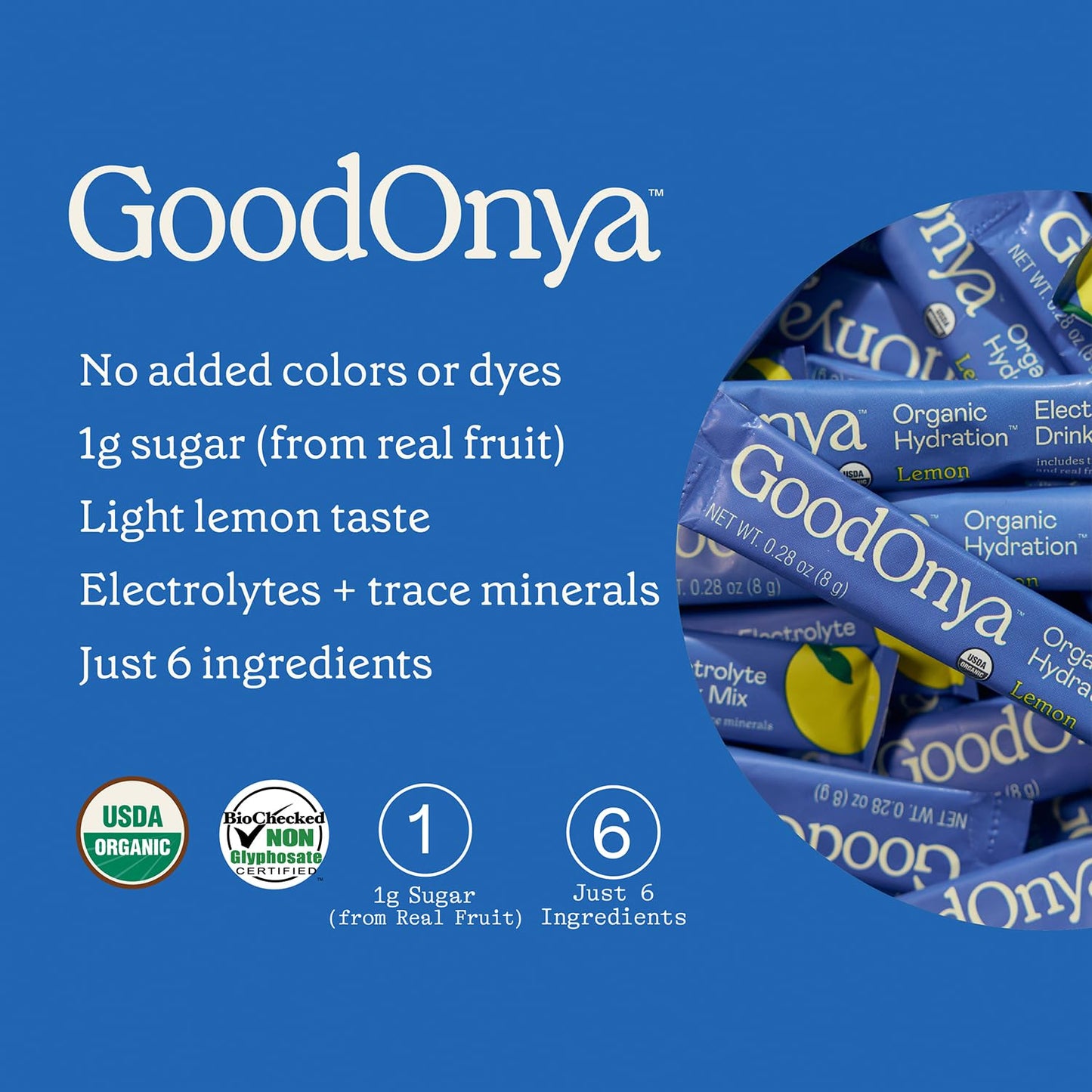 GOODONYA Organic Hydration Electrolyte Drink Mix, Certified Organic Hydration Powder, Non-GMO, Biochecked Glyphosate Free, Low Sugar, Lemonade Flavor, No Artificial Flavors,12 Stick Packs - PrimeBioHealth - canada supplements