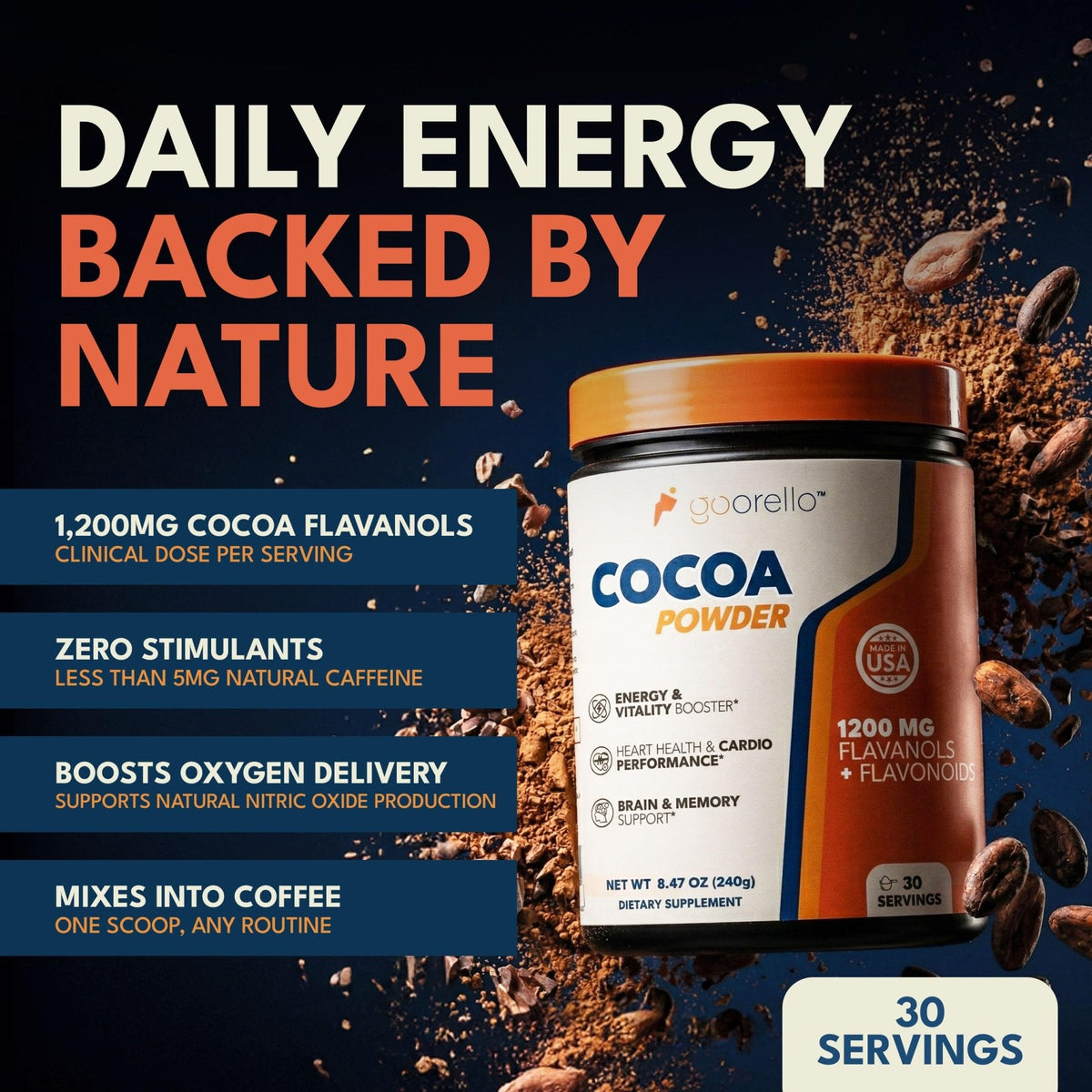 goorello High Flavanol Cocoa Powder Supplement, 1200mg Cocoa Flavanols & Flavonoids, 30 Servings for Support Heart Health, - PrimeBioHealth - canada supplements