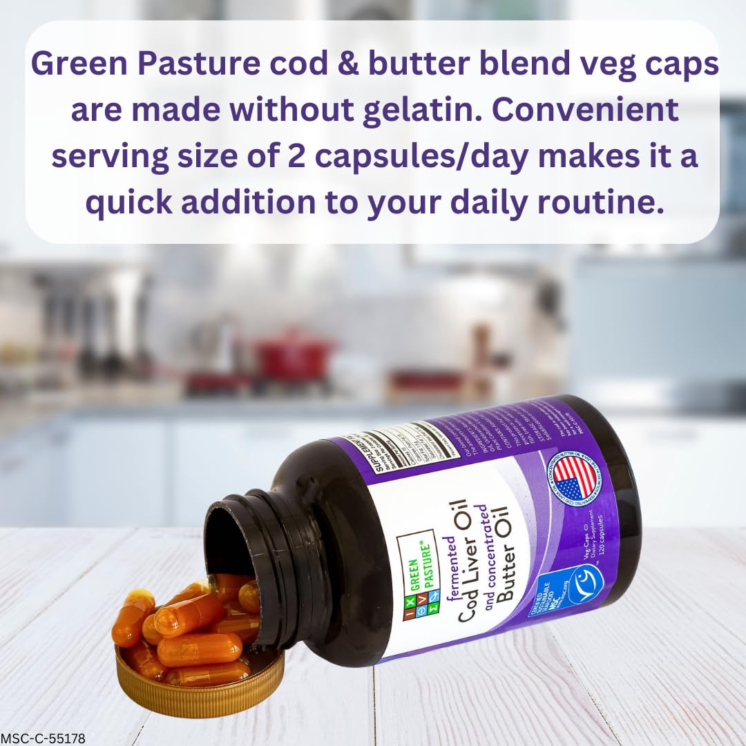 Green Pasture Fermented Cod Liver Oil & Butter Oil Blend - Wild Alaska Cod, Vitamins A & D, Omega-3-6-9, MSC Certified, 120 Capsules - PrimeBioHealth - canada supplements
