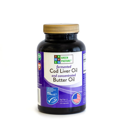 Green Pasture Fermented Cod Liver Oil & Butter Oil Blend - Wild Alaska Cod, Vitamins A & D, Omega-3-6-9, MSC Certified, 120 Capsules - PrimeBioHealth - canada supplements