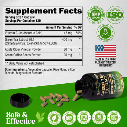 Green Tea Extract - 50% EGCG, Extra Strength 20:1 Extract - Natural Green Tea Supplement + Green Coffee Beans & Apple Cider Vinegar - Energy & Metabolism Support - PrimeBioHealth - canada supplements