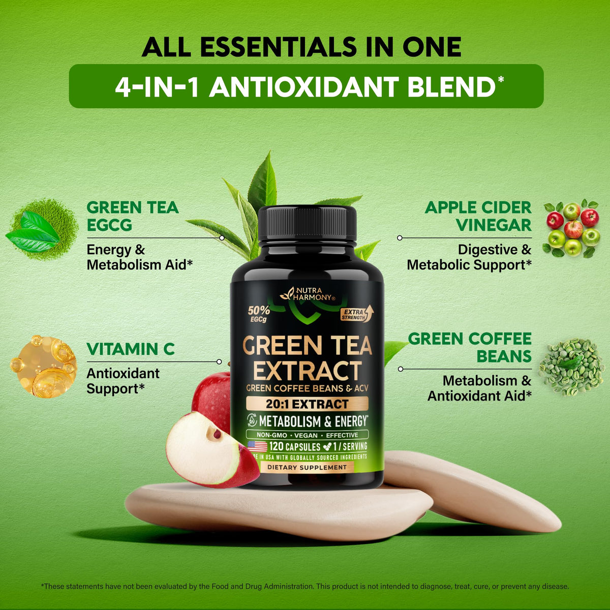 Green Tea Extract - 50% EGCG, Extra Strength 20:1 Extract - Natural Green Tea Supplement + Green Coffee Beans & Apple Cider Vinegar - Energy & Metabolism Support - PrimeBioHealth - canada supplements