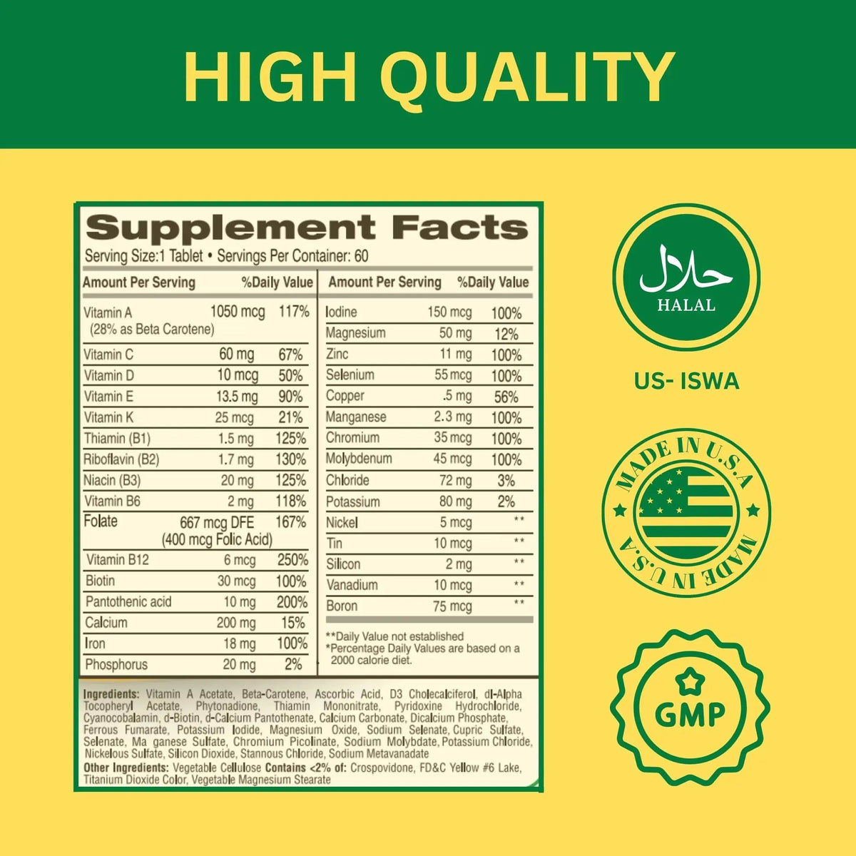 Greenfield Nutritions Halal Multivitamins for Women and Men - 60 Gelatin Free Multivitamin Tablets with 27+ Vitamin Minerals, A, B12, C, D3, Iron and Zinc - PrimeBioHealth - canada supplements