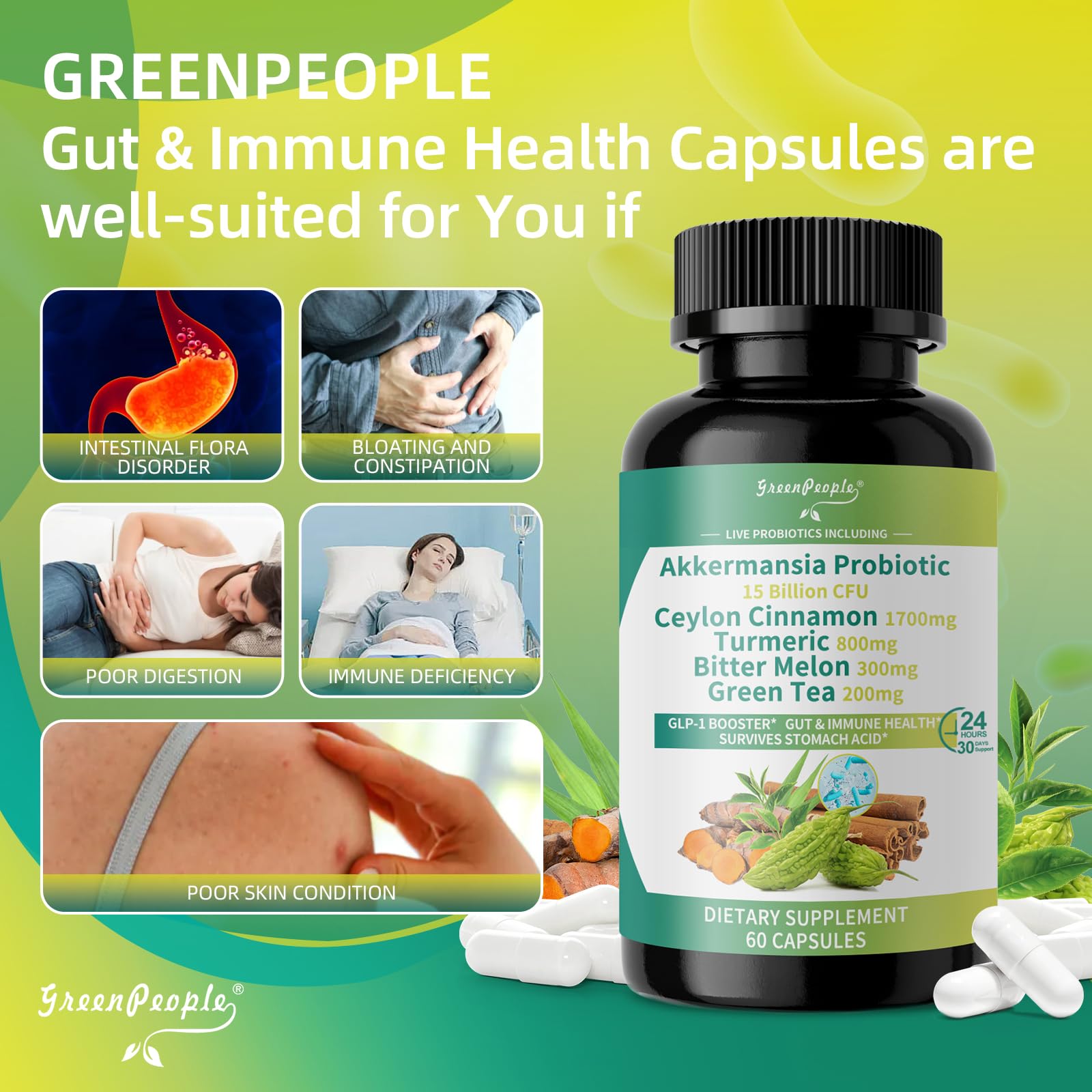 GREENPEOPLE Akkermansia Probiotics 15B CFU for Gut Function, 60CT Probiotics Supplement with Ceylon Cinnamon, Turmeric | Digestive Health & Metabolic Support - PrimeBioHealth - canada supplements