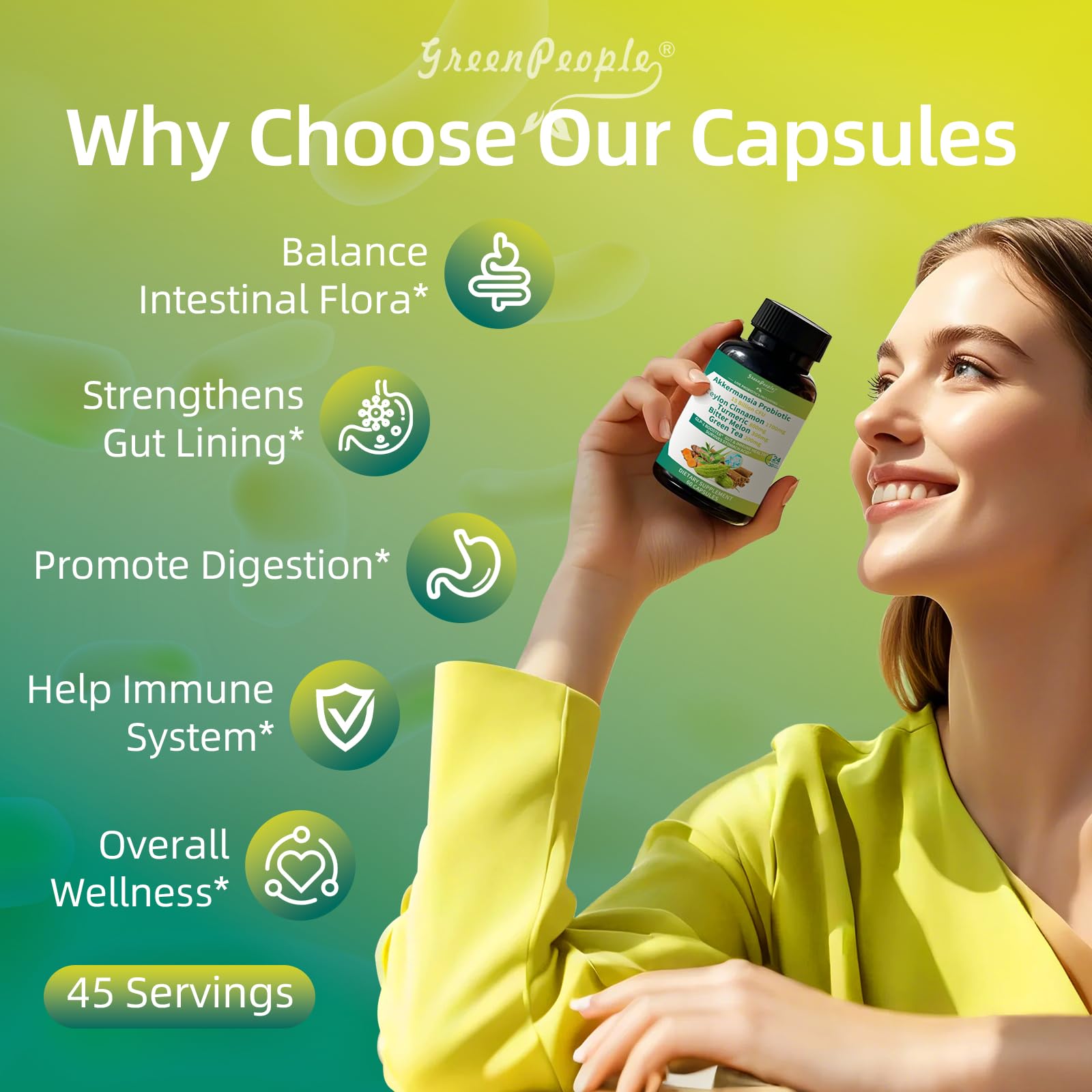 GREENPEOPLE Akkermansia Probiotics 15B CFU for Gut Function, 60CT Probiotics Supplement with Ceylon Cinnamon, Turmeric | Digestive Health & Metabolic Support - PrimeBioHealth - canada supplements