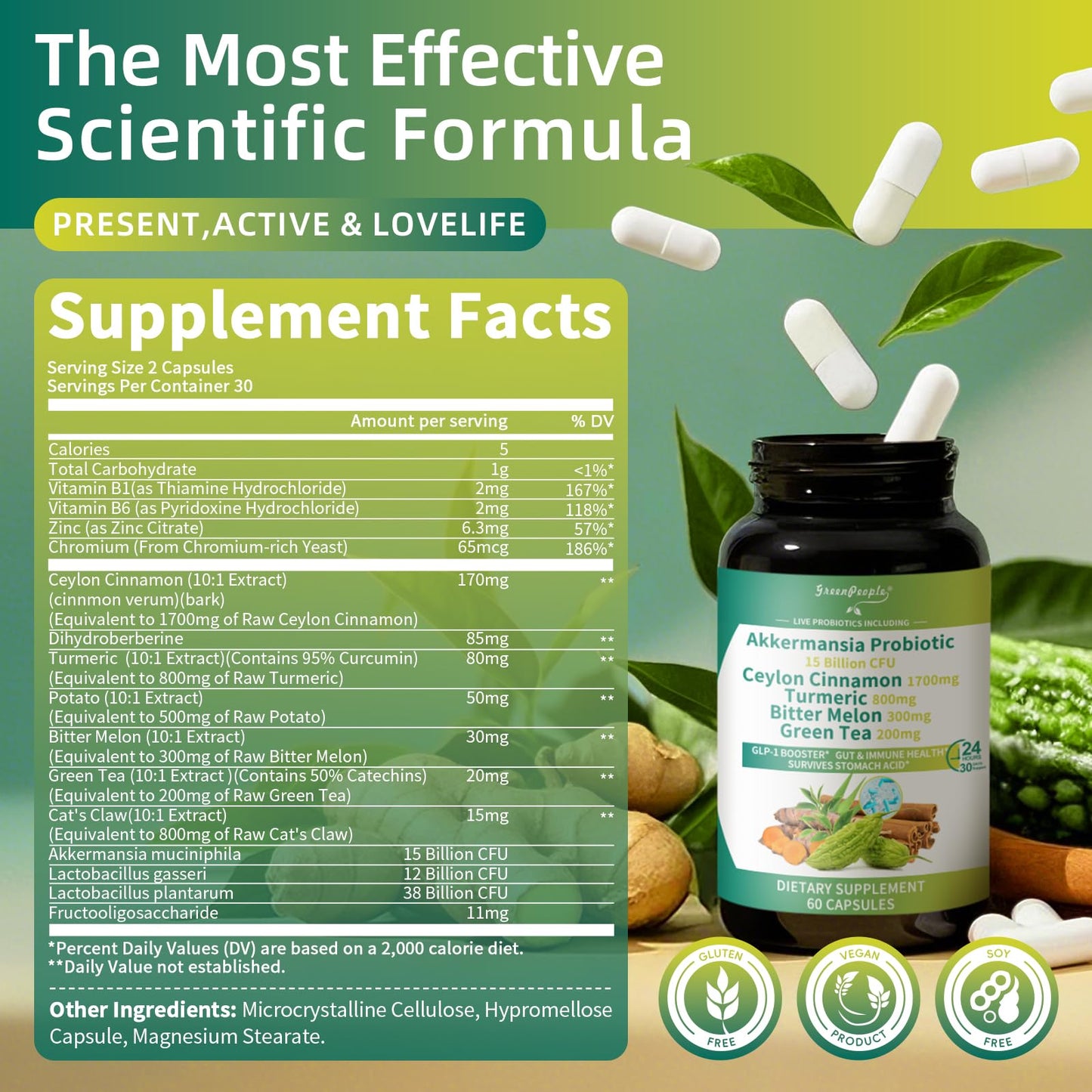GREENPEOPLE Akkermansia Probiotics 15B CFU for Gut Function, 60CT Probiotics Supplement with Ceylon Cinnamon, Turmeric | Digestive Health & Metabolic Support - PrimeBioHealth - canada supplements