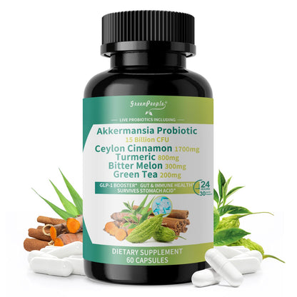 GREENPEOPLE Akkermansia Probiotics 15B CFU for Gut Function, 60CT Probiotics Supplement with Ceylon Cinnamon, Turmeric | Digestive Health & Metabolic Support - PrimeBioHealth - canada supplements