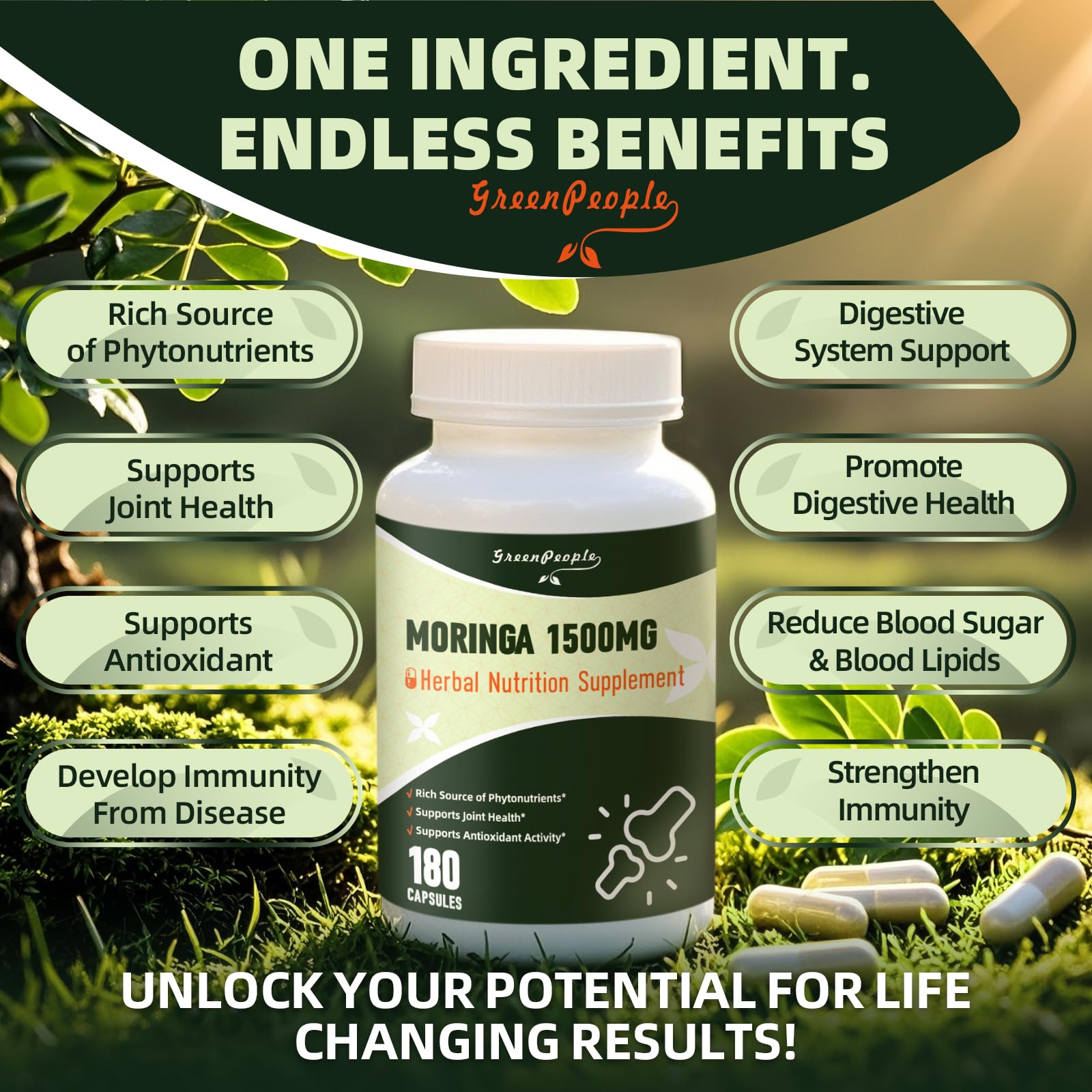 GREENPEOPLE Whole-Leaf Moringa Capsules 1500mg - High Potency 10:1 Moringa Oleifera Leaf Extract - Natural Green Superfood for Energy & Immune Support - PrimeBioHealth - canada supplements