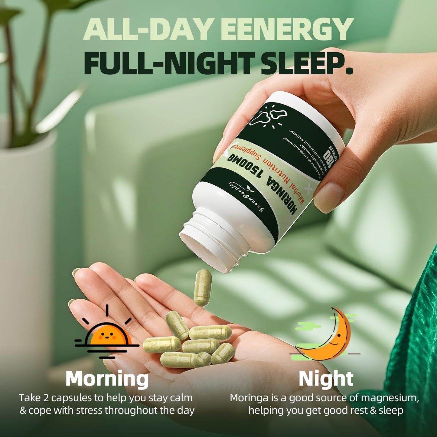 GREENPEOPLE Whole-Leaf Moringa Capsules 1500mg - High Potency 10:1 Moringa Oleifera Leaf Extract - Natural Green Superfood for Energy & Immune Support - PrimeBioHealth - canada supplements