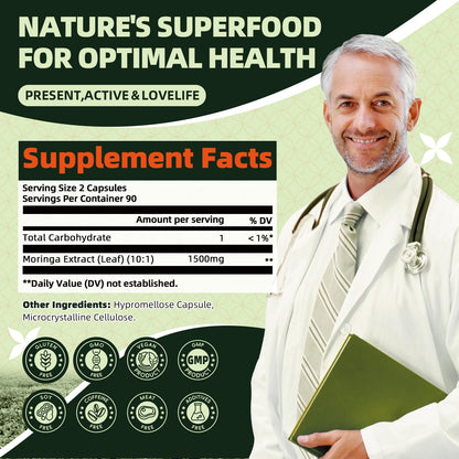 GREENPEOPLE Whole-Leaf Moringa Capsules 1500mg - High Potency 10:1 Moringa Oleifera Leaf Extract - Natural Green Superfood for Energy & Immune Support - PrimeBioHealth - canada supplements