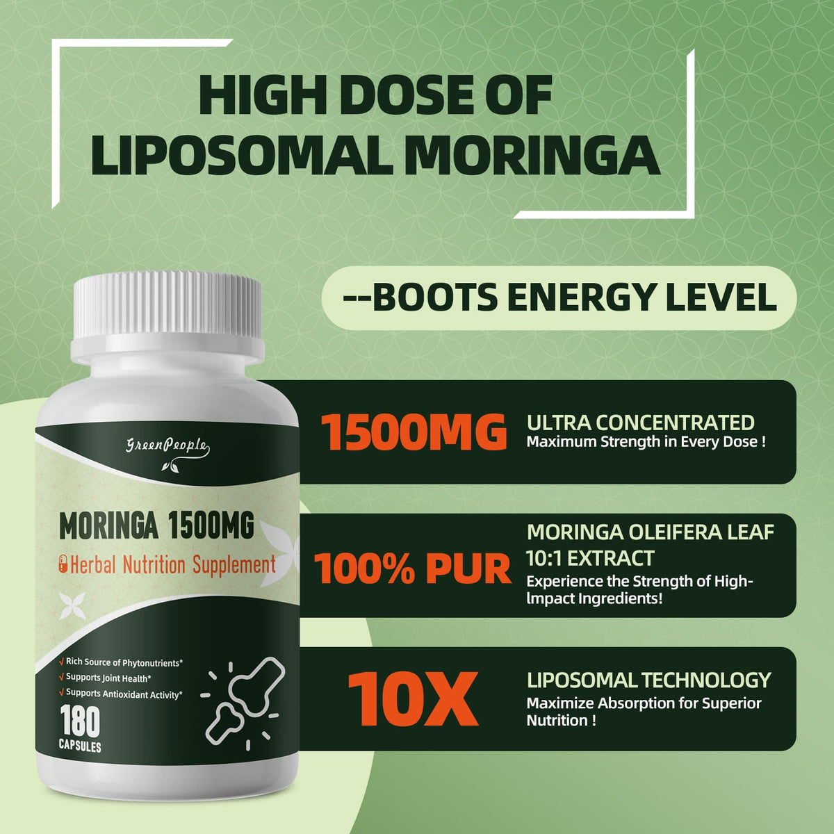 GREENPEOPLE Whole-Leaf Moringa Capsules 1500mg - High Potency 10:1 Moringa Oleifera Leaf Extract - Natural Green Superfood for Energy & Immune Support - PrimeBioHealth - canada supplements