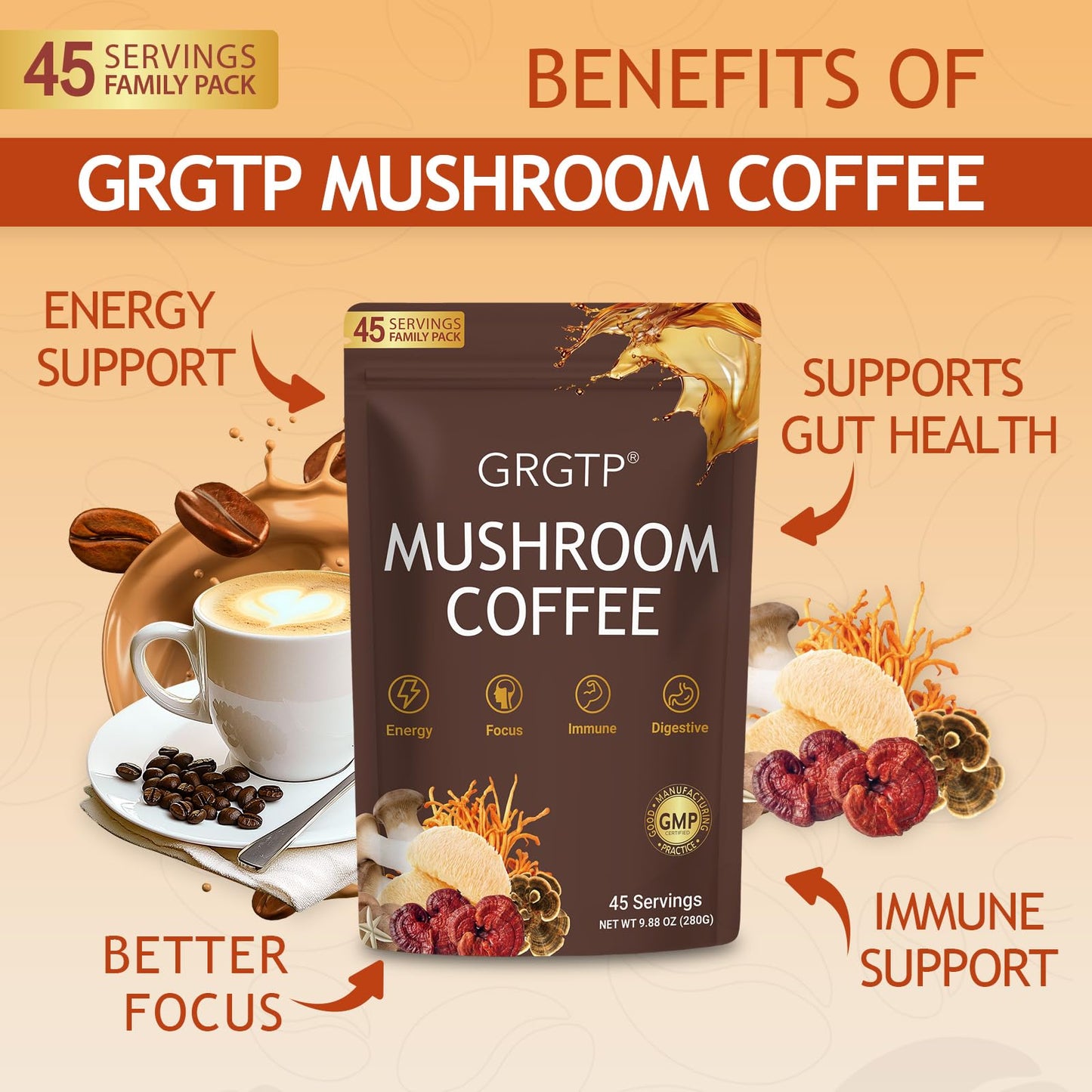 GRGTP Mushroom Coffee - Superfood Blend with 6 Adaptogens (Cordyceps, Lion's Mane, Reishi Other) | Jitter-Free Energy, Enhanced Focus, Digestion & Immunity Support | - PrimeBioHealth - canada supplements