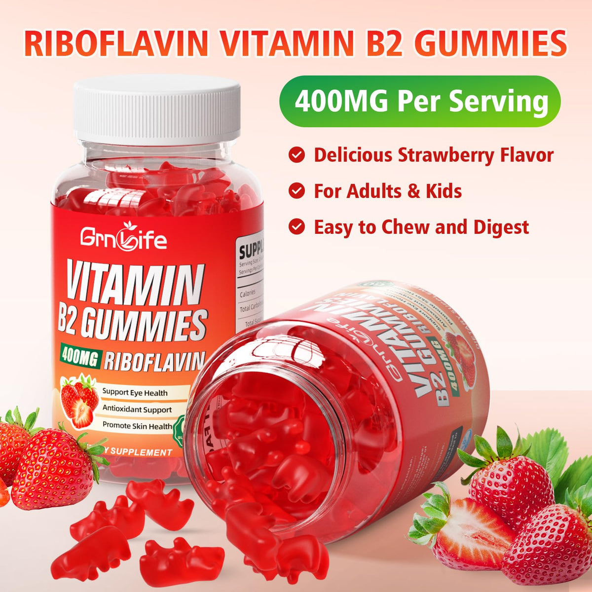 GrnLife 2 Pack Vitamin B2 Gummies, Riboflavin 400mg with Magnesium for Kids & Adults, Migraine Relief & Energy Support - PrimeBioHealth - canada supplements