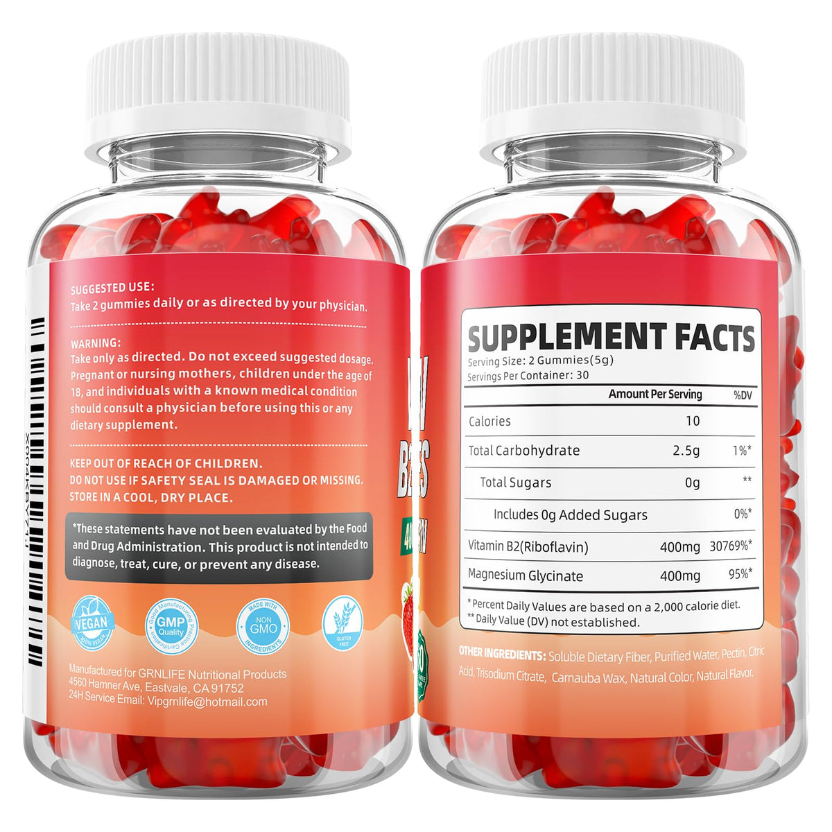 GrnLife 2 Pack Vitamin B2 Gummies, Riboflavin 400mg with Magnesium for Kids & Adults, Migraine Relief & Energy Support - PrimeBioHealth - canada supplements