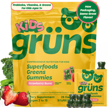 Gruns Multivitamin for Kids, Super Greens Gummies, Superfood Gummy Bears with 20+ Vitamins & Minerals, Spirulina, Chlorella, Alfalfa, Prebiotics Fiber for Digestive Health - PrimeBioHealth - canada supplements