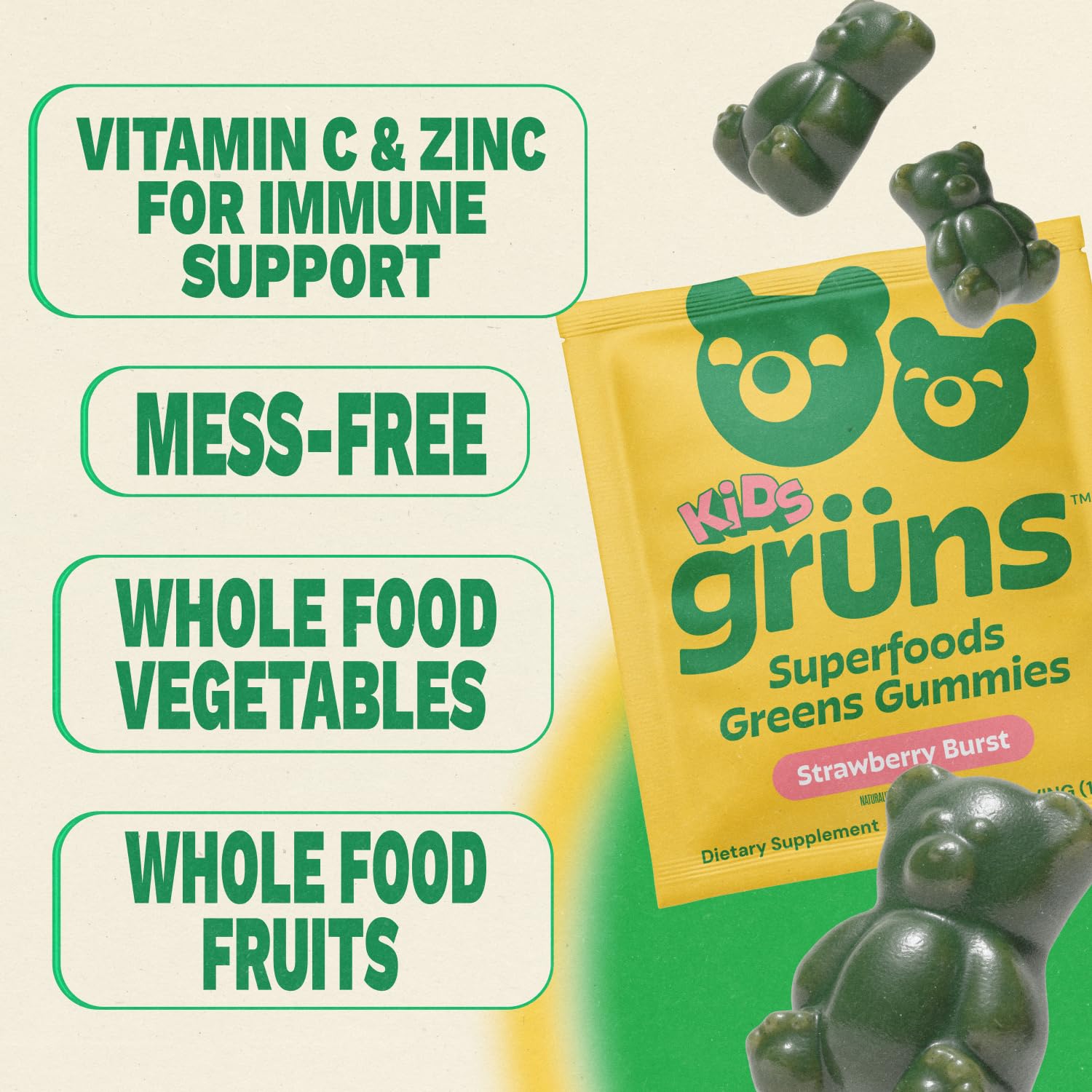Gruns Multivitamin for Kids, Super Greens Gummies, Superfood Gummy Bears with 20+ Vitamins & Minerals, Spirulina, Chlorella, Alfalfa, Prebiotics Fiber for Digestive Health - PrimeBioHealth - canada supplements