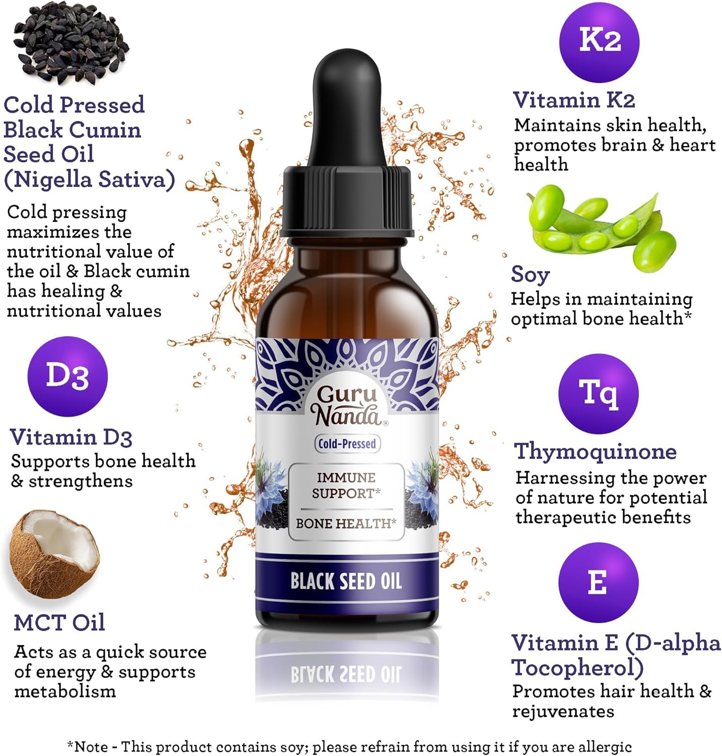 GuruNanda Black Seed Oil, Cold-Pressed Nigella Sativa - Rich in Vitamin D3 5000 Units, K2 & E, High Thymoquinone | Potent Antioxidant - PrimeBioHealth - canada supplements