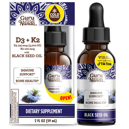 GuruNanda Black Seed Oil, Cold-Pressed Nigella Sativa - Rich in Vitamin D3 5000 Units, K2 & E, High Thymoquinone | Potent Antioxidant - PrimeBioHealth - canada supplements