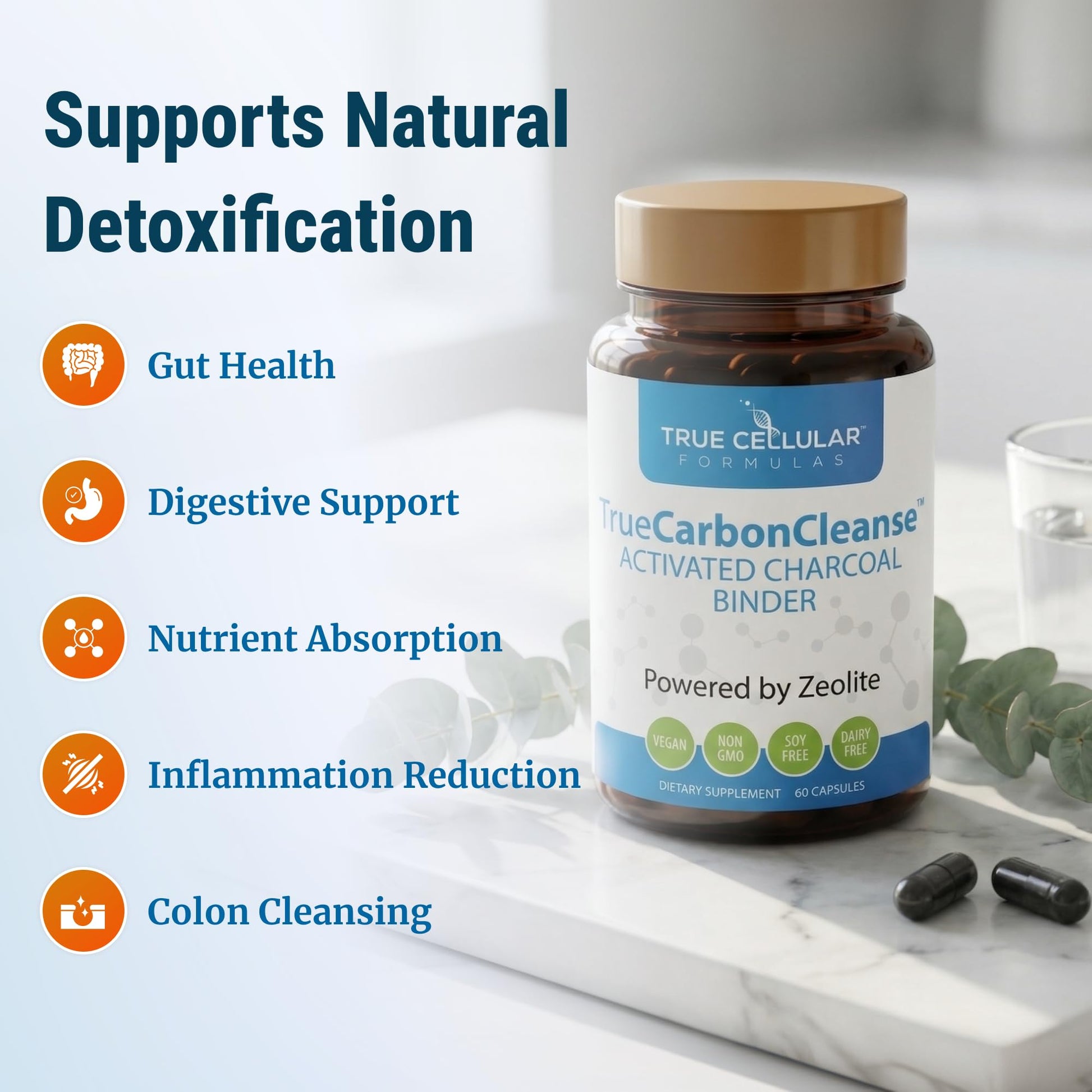 Gut Detox & Liver Cleanse - Organic Activated Charcoal Capsules with Clinoptilolite Zeolite Binder - TrueCarbonCleanse™ Carbon Supplement - 60 Bamboo Charcoal Pills - PrimeBioHealth - canada supplements
