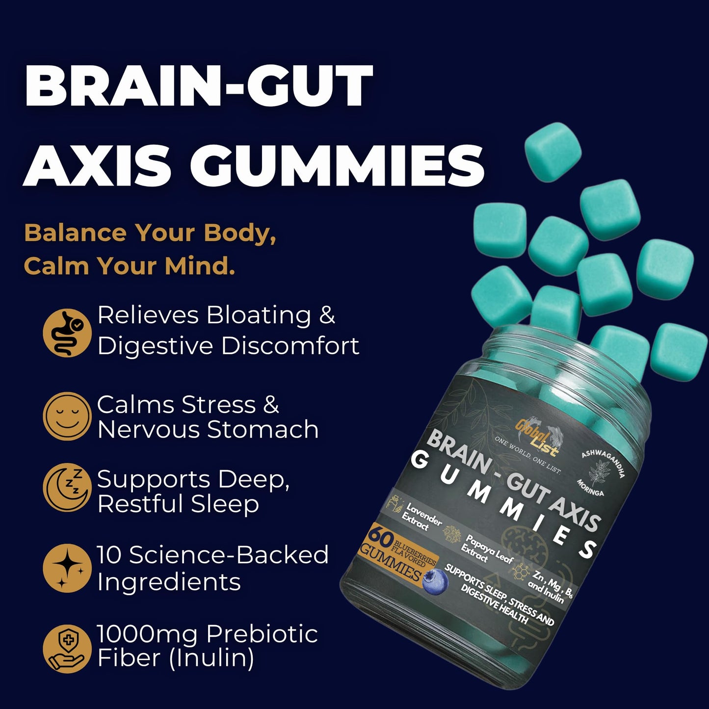 Gut Health & Bloating Relief Gummies – Digestion Support with Prebiotic Fiber, Inulin & Ashwagandha – Stress, Nervous Stomach, Sleep & Calm Support – Gut-Brain Axis Formula - PrimeBioHealth - canada supplements