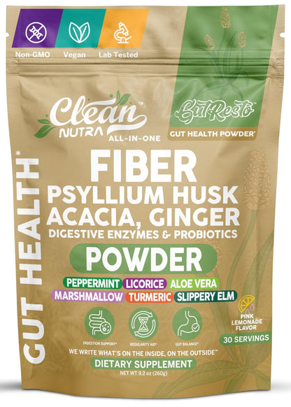 GutResto Fiber Supplement Psyllium Husk Powder Probiotic Gut Health Digestive Enzymes Prebiotic L-Glutamine Slippery Elm Aloe Vera Marshmallow Root Turmeric Ginger - PrimeBioHealth - canada supplements