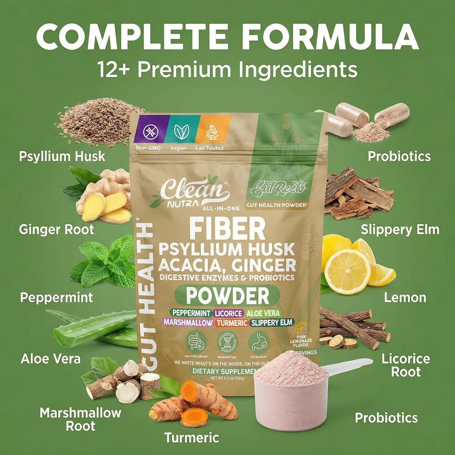 GutResto Fiber Supplement Psyllium Husk Powder Probiotic Gut Health Digestive Enzymes Prebiotic L-Glutamine Slippery Elm Aloe Vera Marshmallow Root Turmeric Ginger - PrimeBioHealth - canada supplements