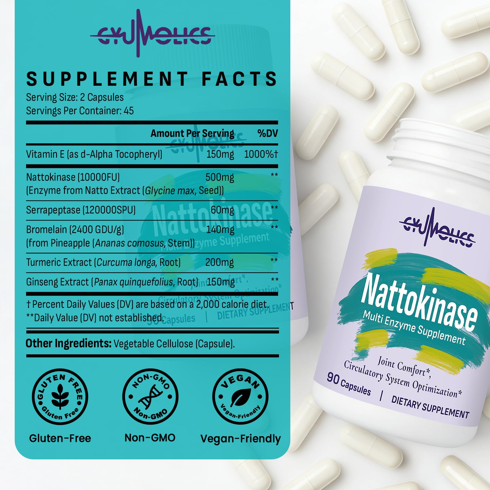 Gyumolics Nattokinase Supplement 10000FU with Organic Nattokinase, Serrapeptase, Bromelain, Curcumin, Vitamin E & Ginseng, - PrimeBioHealth - canada supplements