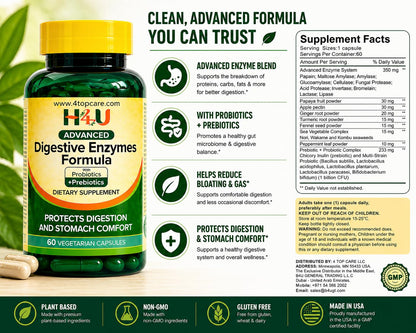 H4U Advanced Digestive Enzymes with Probiotics & Prebiotics – Multi Enzyme Supplement for Gut Health, Digestion Support, Bloating Relief & Stomach Comfort, - PrimeBioHealth - canada supplements