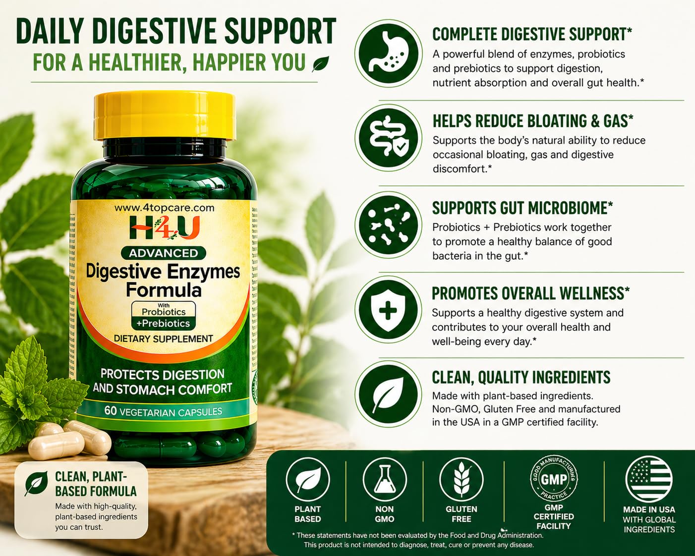 H4U Advanced Digestive Enzymes with Probiotics & Prebiotics – Multi Enzyme Supplement for Gut Health, Digestion Support, Bloating Relief & Stomach Comfort, - PrimeBioHealth - canada supplements