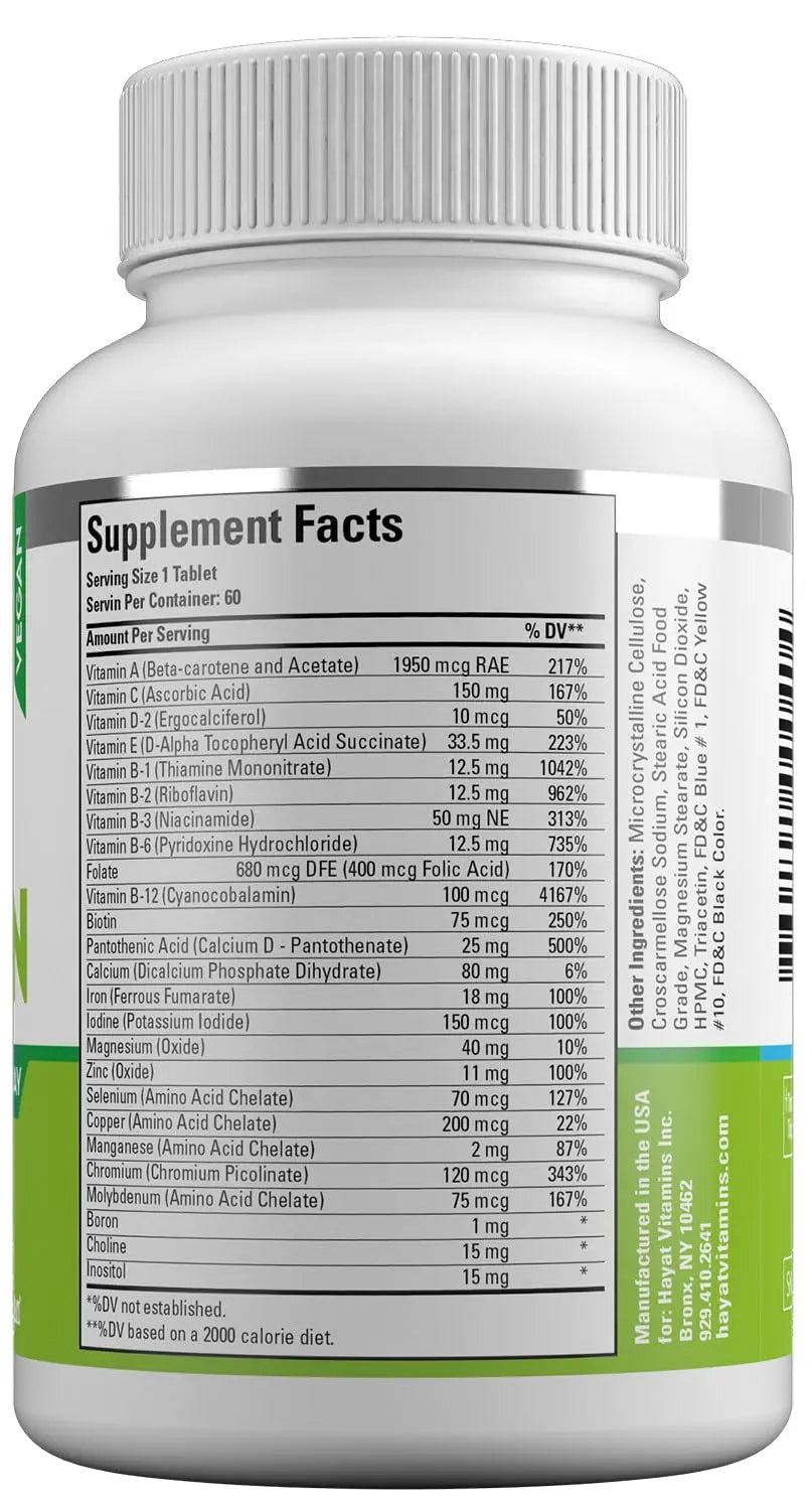 HAYAT Vitamins Vegan Natural Multivitamin, Daily Vitamins with Vitamin A, C, D, E, B1, B2, B3, B6, B12, Biotin, Zinc and More, 2 Month Supply, All Natural - PrimeBioHealth - canada supplements