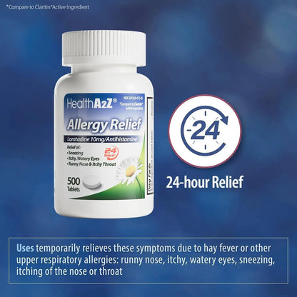 HealthA2Z® Allergy Relief | Loratadine 10mg Antihistamine | 500 Tablets | Dye Free | Relief from Itchy Throat, Sneezing, Runny Noses | 24-Hours Allergy Medicine - PrimeBioHealth - canada supplements
