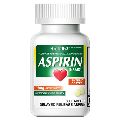 HealthA2Z® Aspirin 81 mg | Low Strength | Enteric Coated | Pain Relief | Reduces Minor Aches Muscle Pain & Cramps | Fever Reducer | Reduces Headache (300 Counts) - PrimeBioHealth - canada supplements