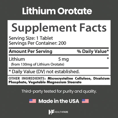 HealthFare Lithium Orotate Supplement 130mg | 200 Vegetarian Tablets | High Bioavailability Trace Mineral | Mood, Brain & Memory Support - PrimeBioHealth - canada supplements