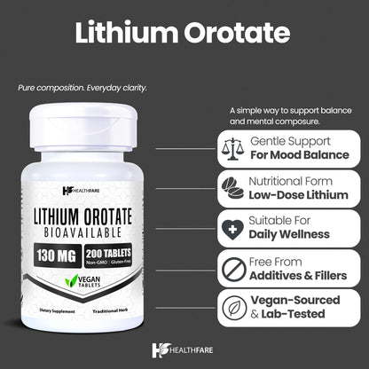 HealthFare Lithium Orotate Supplement 130mg | 200 Vegetarian Tablets | High Bioavailability Trace Mineral | Mood, Brain & Memory Support - PrimeBioHealth - canada supplements
