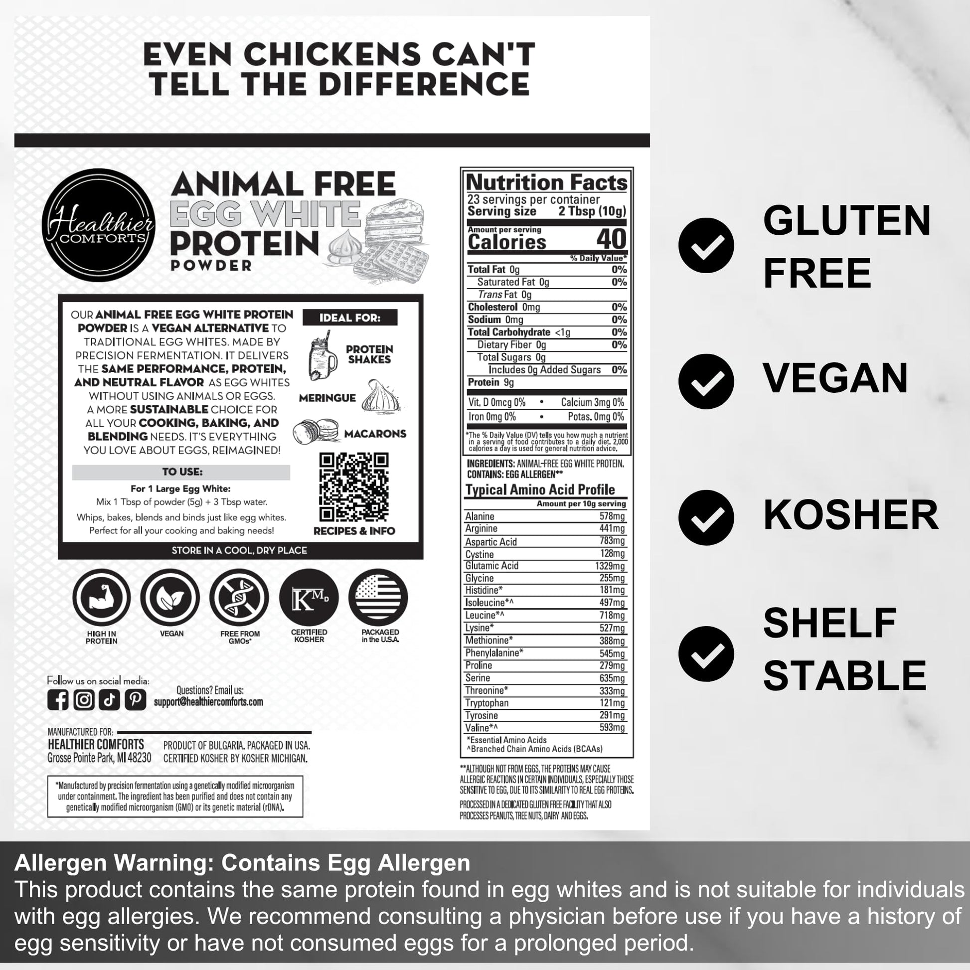 Healthier Comforts Animal-Free Egg White Protein Powder | Make Vegan Egg Omelets, Angel Food Cake, Meringue, Protein Shakes | Whips and Binds Just Like Traditional Egg Whites (8 oz) - PrimeBioHealth - canada supplements