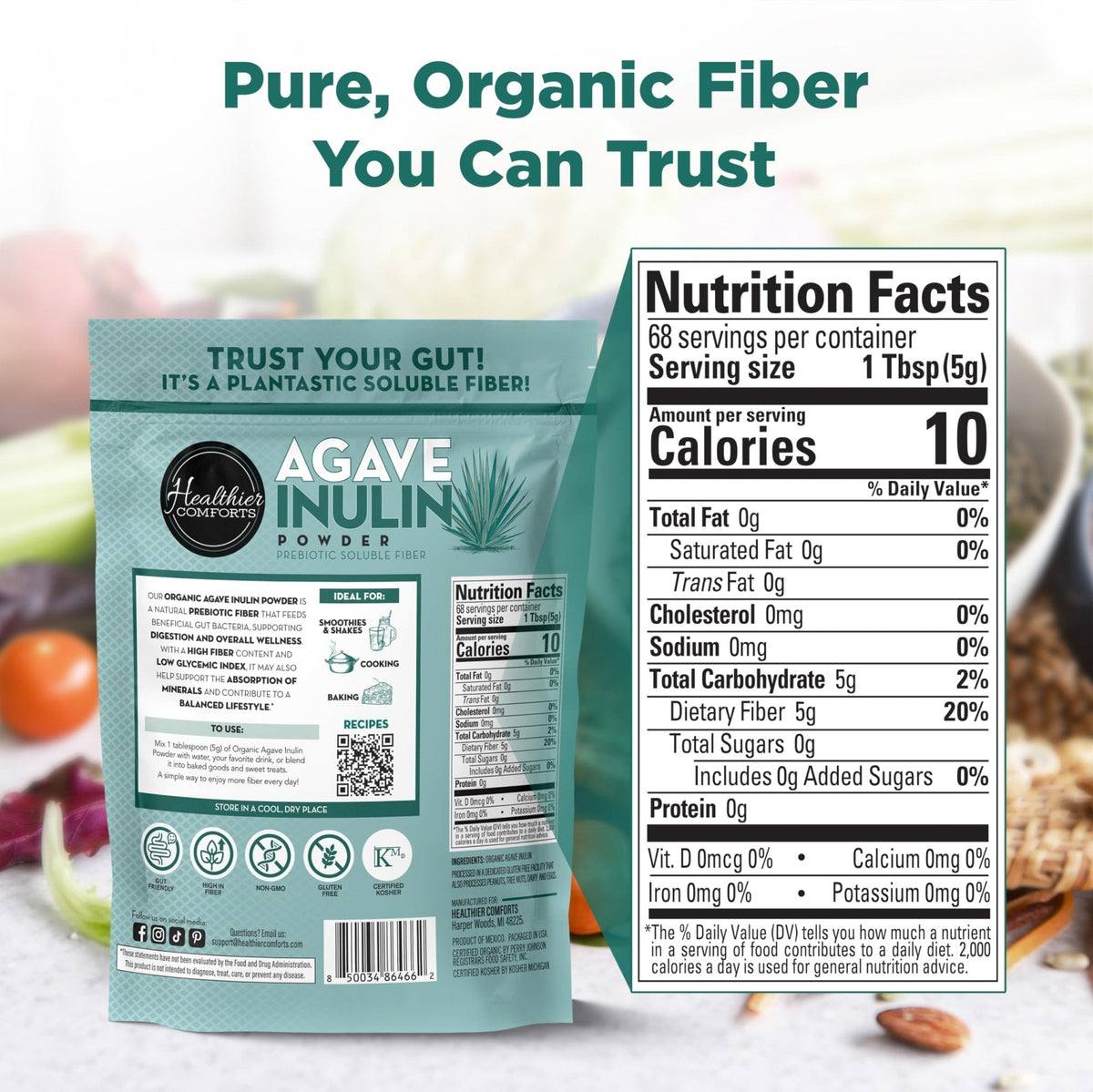 Healthier Comforts Organic Inulin Powder (12 oz) from Blue Agave | Soluble Prebiotic Fiber, Gentle on Digestion, Non-GMO | Perfect for Coffee, Baking & Cooking - PrimeBioHealth - canada supplements