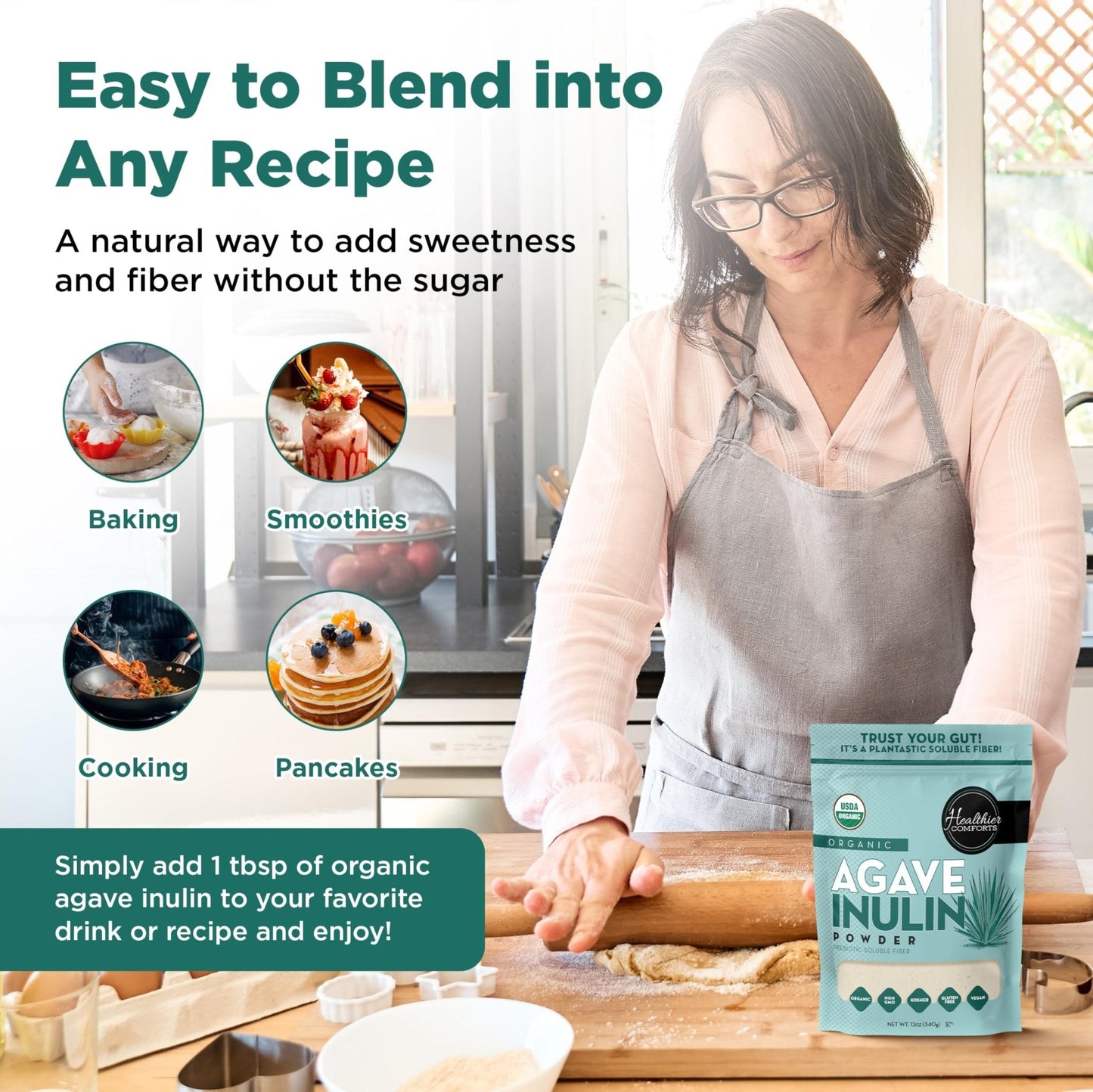 Healthier Comforts Organic Inulin Powder (12 oz) from Blue Agave | Soluble Prebiotic Fiber, Gentle on Digestion, Non-GMO | Perfect for Coffee, Baking & Cooking - PrimeBioHealth - canada supplements
