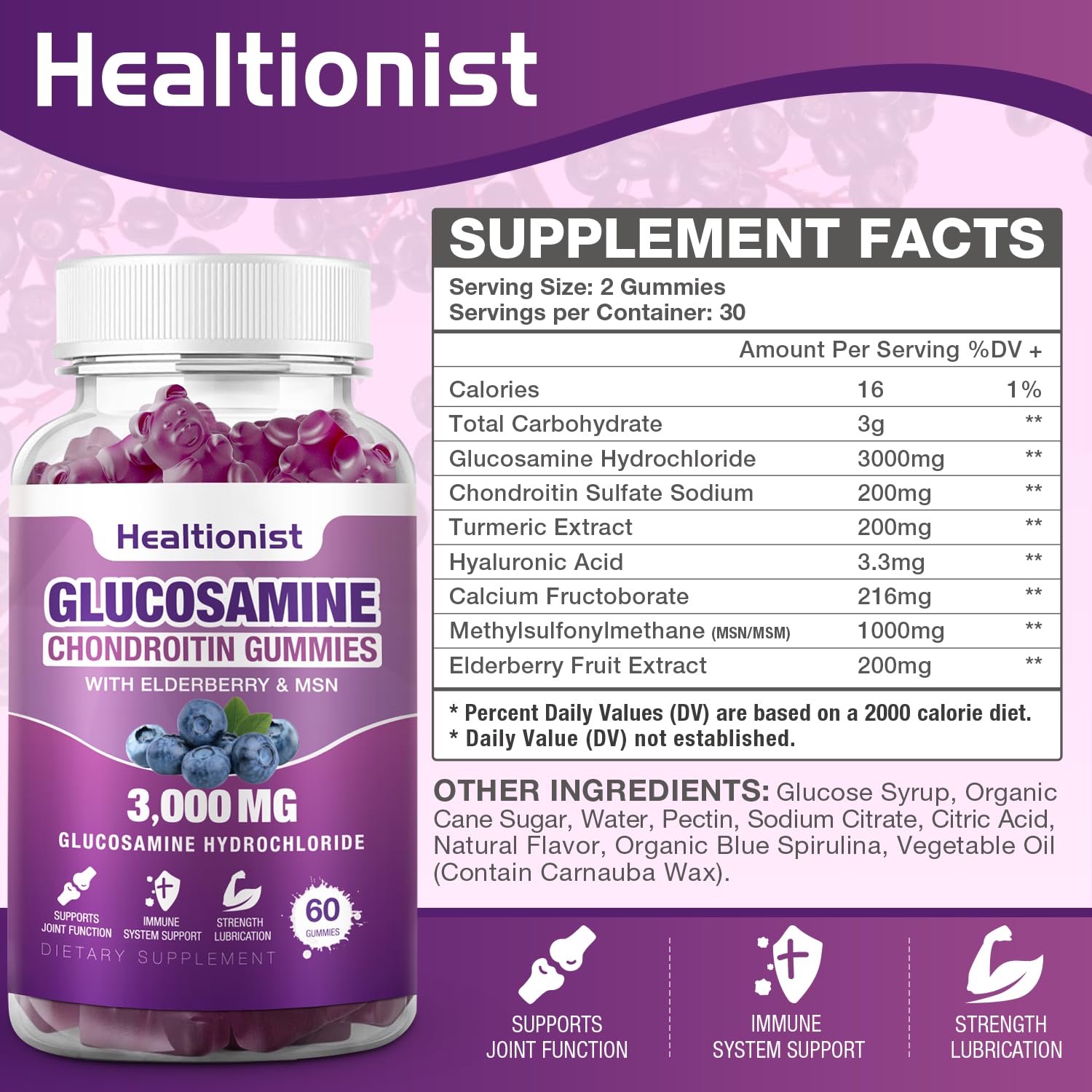 Healtionist 2 Packs 3000mg Glucosamine Chondroitin Gummies with MSM & Elderberry - PrimeBioHealth - canada supplements