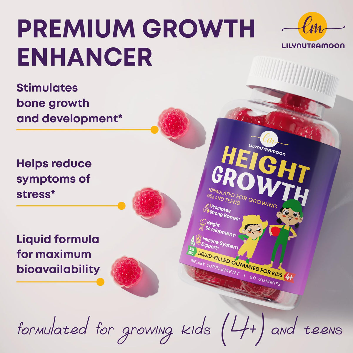 Height Growth Gummies for Kids & Teens - Calcium, Vitamin D3 + K2, Zinc, Magnesium, L-Arginine, Vitamin C - Multivitamin for Teen Boys & Girls - Grow Taller Supplement for Kids Height - 60 Gummies - PrimeBioHealth - canada supplements