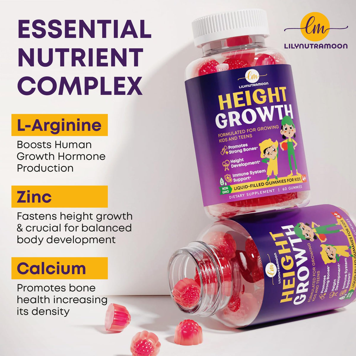 Height Growth Gummies for Kids & Teens - Calcium, Vitamin D3 + K2, Zinc, Magnesium, L-Arginine, Vitamin C - Multivitamin for Teen Boys & Girls - Grow Taller Supplement for Kids Height - 60 Gummies - PrimeBioHealth - canada supplements