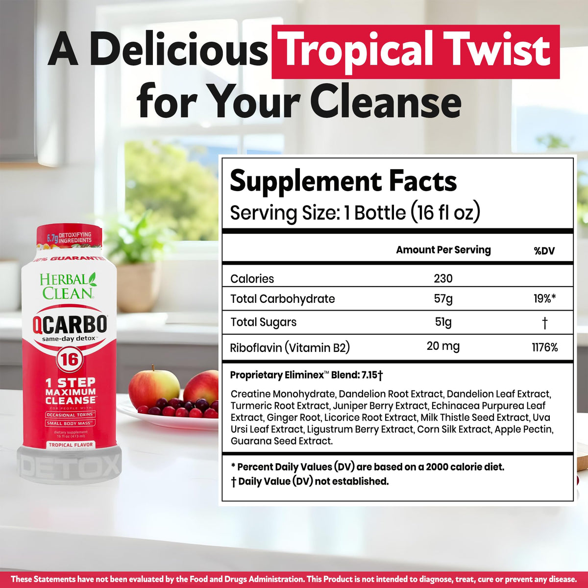 Herbal Clean Qcarbo16 Same-Day Detox Cleanse Drink (16 fl oz) - Tropical Flavor Full Body Cleanse* Detox Drink for Moderate Toxin Level* - PrimeBioHealth - canada supplements
