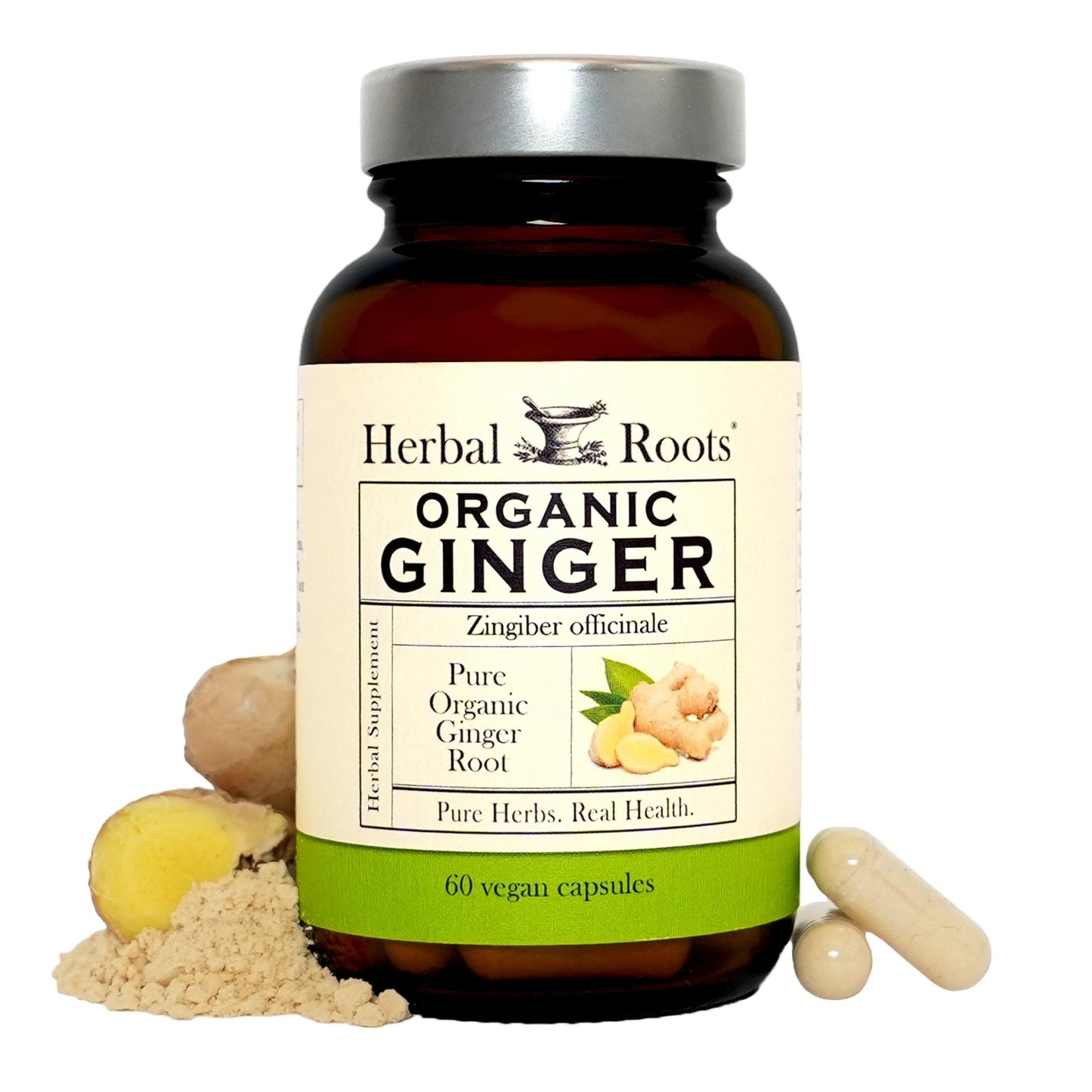 Herbal Roots Ginger Supplement | Organic Ginger Root Capsules | 1,200 mg of Pure Ginger Powder per Serving | 60 Vegan Capsules - PrimeBioHealth - canada supplements