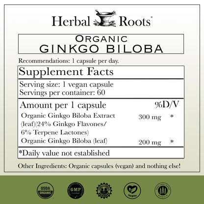 Herbal Roots Organic Ginkgo Biloba Made with Pure Organic Ginkgo Leaf and Extract - 60 Vegan Capsules - PrimeBioHealth - canada supplements