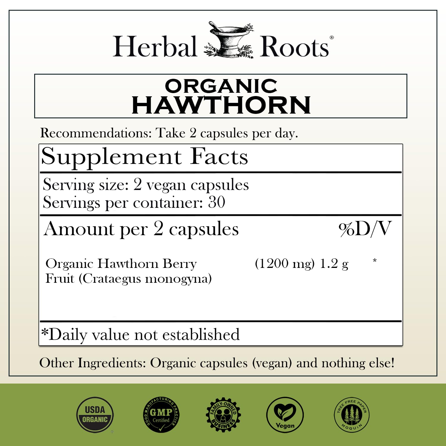 Herbal Roots Organic Hawthorn Berry Capsules | Extra Strength 1,200mg per Serving | 60 Vegan Capsules - PrimeBioHealth - canada supplements