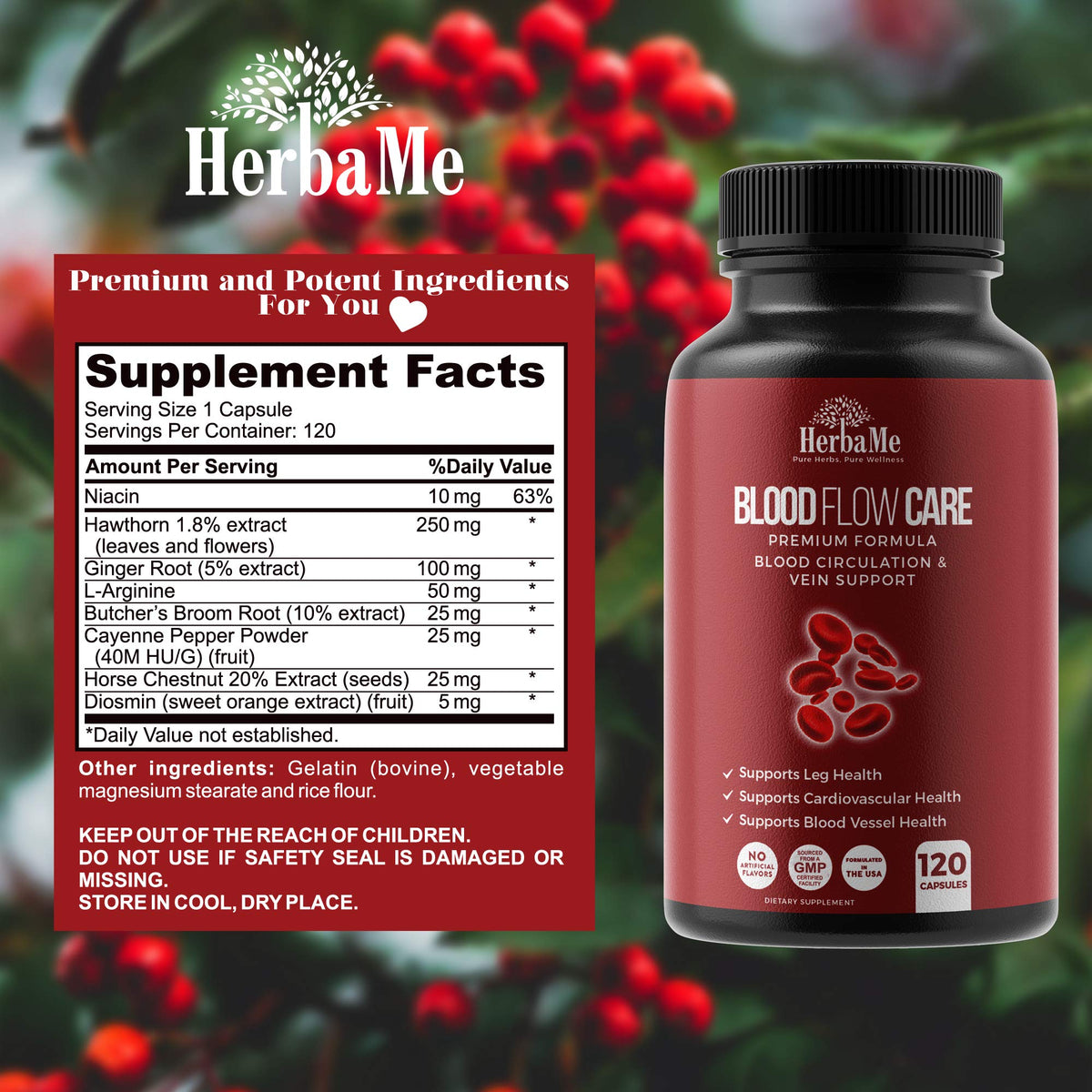 HerbaMe Blood Circulation Supplement, 120 Capsules, Supports Leg Vein, Heart, Vessels and Cardiovascular Health with Niacin, L-Arginine, Ginger, Cayenne Pepper - PrimeBioHealth - canada supplements