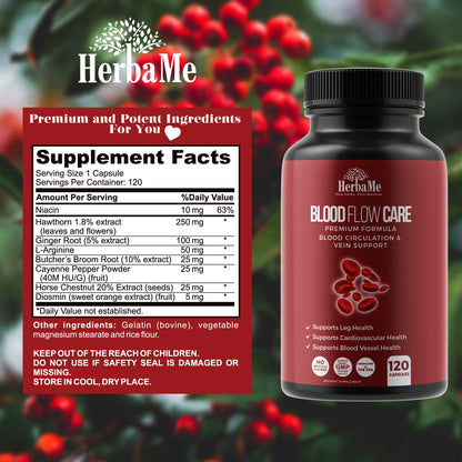 HerbaMe Blood Circulation Supplement, 120 Capsules, Supports Leg Vein, Heart, Vessels and Cardiovascular Health with Niacin, L-Arginine, Ginger, Cayenne Pepper - PrimeBioHealth - canada supplements