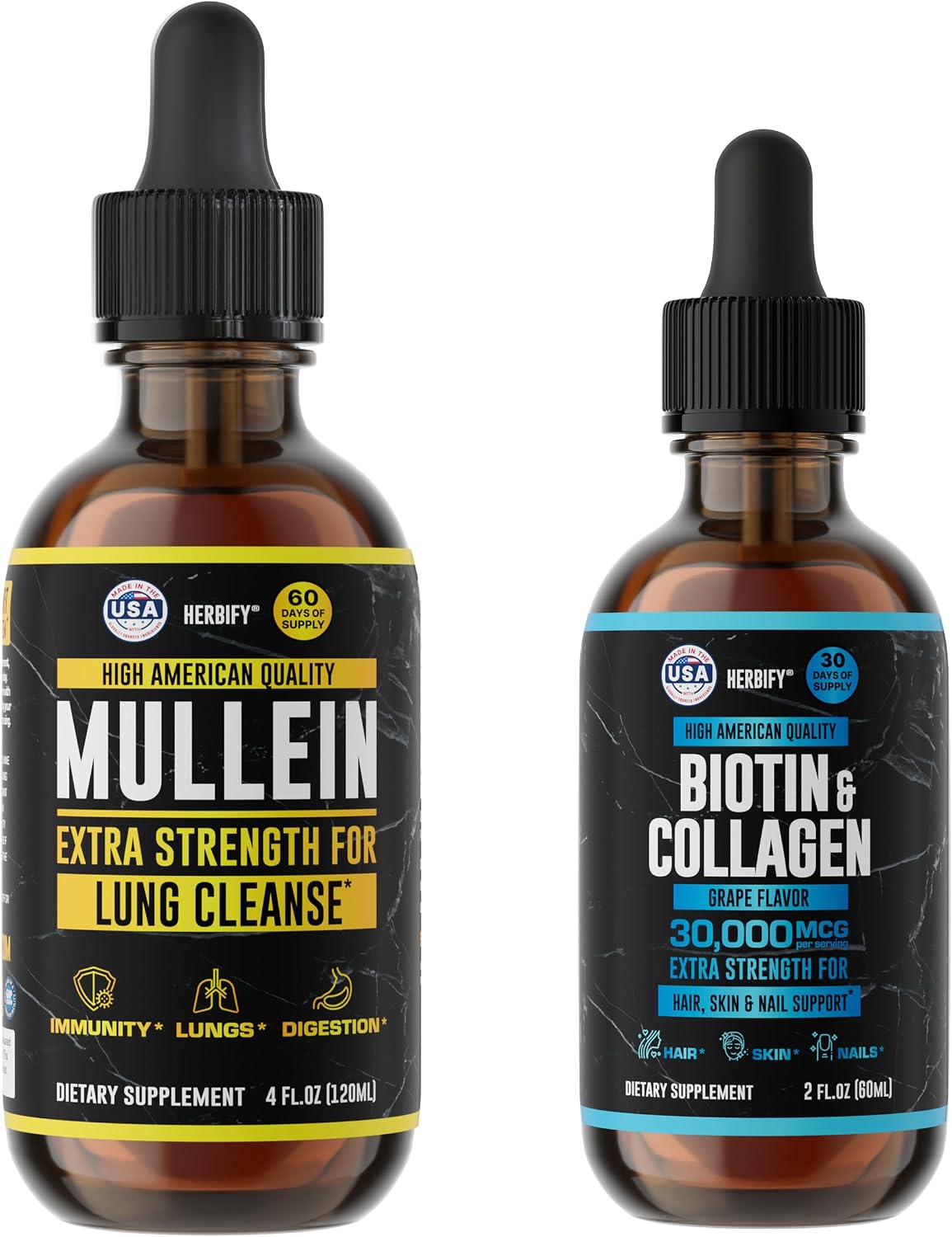 HERBIFY Bundle - Mullein Leaf Extract & Biotin and Collagen - Respiratory Support & Hair Skin and Nails Vitamins Support - PrimeBioHealth - canada supplements